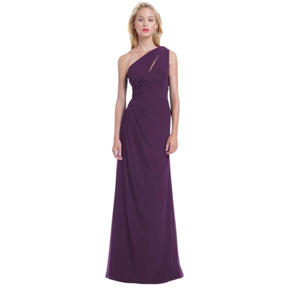 Bill Levkoff Barbara Chiffon One-Shoulder A-Line Princess Maxi Dress Plum 14 - Picture 3 of 17